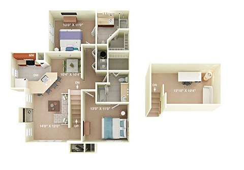 Floor plan for 2 beds, 2 baths, 1242 sqft